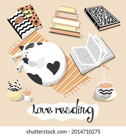 Set with objects on the theme Love reading. Isolated on gray background. Cat, books, notebook, cup of tea or coffee, cute home plants, text. Letters. Vector illustration. Cartoon funny style.  