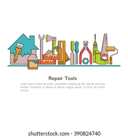 Set of objects on the theme of Repair Tools - drill, wire cutter, brush, paint. Icons Set in the trendy linear style.