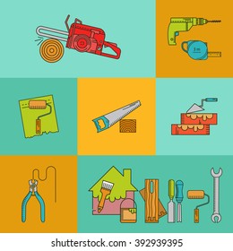 Set of objects on the theme of Repair Tools - drill, wire cutter, brush, paint. Icons Set in the trendy linear style.
