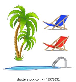 The set of objects on the theme of a resort. Palm, sun loungers and pool isolated on white background. Vector illustration.