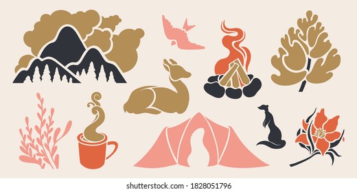 A set of objects on the topic of tourism, camping, outdoor activities. Tent, fire, animals, forest in the mountains. Vector illustration.