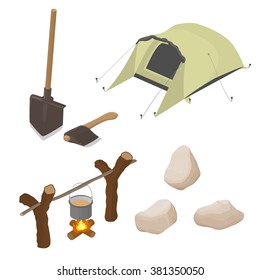 A set of objects on tourism, travel. Isometric vector illustration