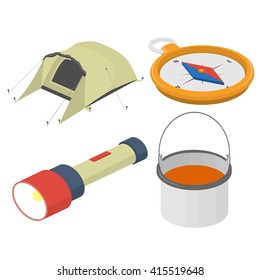 A set of objects on tourism, travel. Isometric vector illustration