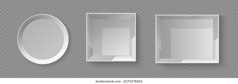 Set of objects on a transparent background. White blank packaging gift boxes. Set of open and closed box at different angles. Vector illustration, EPS 10.