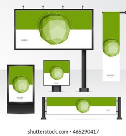 Set objects of outdoor advertising. Template for branding on white background. Mockup billboard, city light, horizontal and vertical banners. Design elements with geometric polygonal spheres.