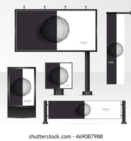 Set objects of outdoor advertising. Template for branding on white background. Mockup billboard, city light, horizontal and vertical banners. Vector illustration with geometric polygonal spheres.
