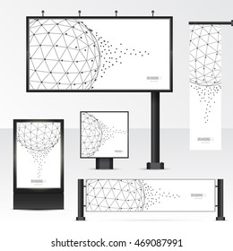 Set objects of outdoor advertising. Template for branding on white background. Mockup billboard, city light, horizontal and vertical banners. Vector illustration with geometric polygonal spheres.