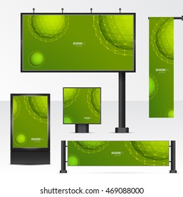 Set objects of outdoor advertising. Template for branding on white background. Mockup billboard, city light, horizontal and vertical banners. Vector illustration with geometric polygonal spheres.