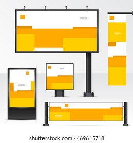 Set objects of outdoor advertising. Template for branding on white background. Mockup billboard, city light, horizontal and vertical banners. Vector illustration with yellow geometric form..