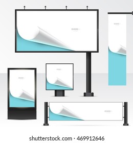 Set objects of outdoor advertising. Template for branding on white background. Mockup billboard, city light, horizontal and vertical banners. Vector illustration with paper wrapped angle.