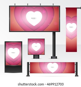 Set objects of outdoor advertising. Template for branding on white background. Mockup billboard, city light, horizontal and vertical banners. Vector illustration with red heart.