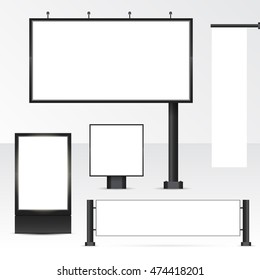 Set objects of outdoor advertising. Template for branding on white background. Mockup billboard, city light, horizontal and vertical banners. Vector illustration.