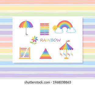 Set of objects painted in rainbow colors. Cartoon flat style. Vector illustration