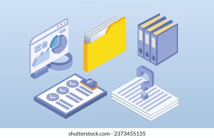 set of objects and people in business clothes are working with documents, drafting and processing paper documents.on blue background.3D design.isometric vector design Illustration.