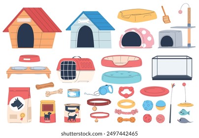 Set of objects for pets. Houses, toys and food for pets. Pet shop. Vector illustration