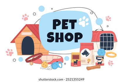 Set of objects for pets. Houses, toys and food for pets. Pet shop. Vector illustration