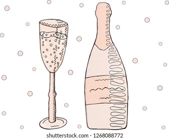 A set of objects. Pink champagne with a glass and bubbles. Vector.