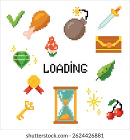 Set of objects. Pixel art. Game elements. Environment for Retro 8 bit icons for old school platformer video game. Vector illustration isolated on white background.