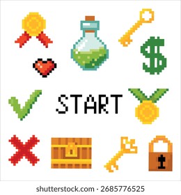 Set of objects. Pixel art. Game elements. Environment for Retro 8 bit icons for old school platformer video game. Vector illustration isolated on white background.