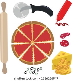Set objects for pizza. Knife, rolling pin, ingredients. Filling and dough. Design for cafe, restaurant.
