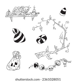 A set of objects and plants for Halloween. Vector illustration.