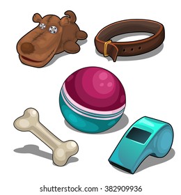 A set of objects for playing with a pet dog. Vector illustration.