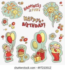 set of objects for postcards, greetings happy birthday, happiness and fun