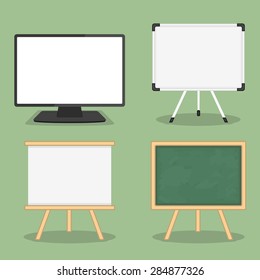 Set of objects for presentation - computer monitor, whiteboard and blackboard, flat design, vector eps10 illustration