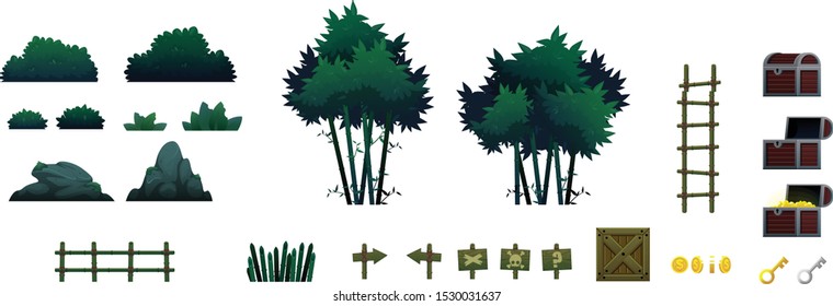 Set of objects and props for creating side scrolling platformer game with natural forest, jungle, or ninja theme.