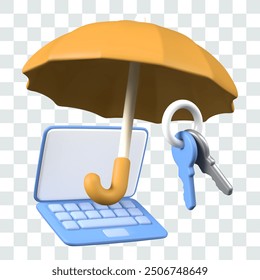 Set of objects to protect laptop and personal data. Gadget, umbrella, bunch of keys
