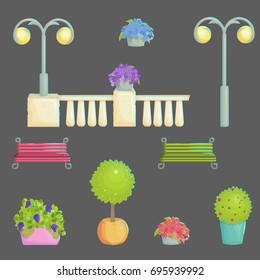 A set of objects for provence style outdoor park public place decoration. Vintage elements for historic place, landmark, flowerpots, benches, concrete fence and street lights.