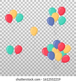 Set objects with random number balloons on transparent background. Different colors. Vector illustration.