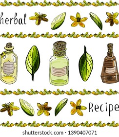 A set of objects related to the herbal medicine: apothecary bottles, leaves and flowers of st John's wort (hypericum perforatum) and borders made of hypericum perforatum buds