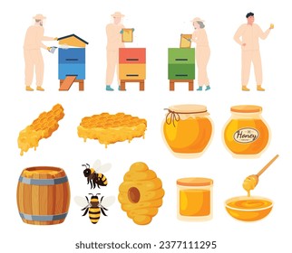 Conjunto de objetos relacionados con la miel. Producción aérea de miel. Las abejas producen un jarabe viscoso dulce. Miel natural nutritiva. Ilustración del vector