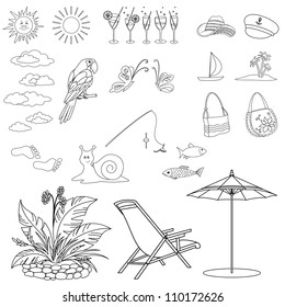 Set objects represent summer, exotic and a beach, black contour on white background. Vector illustration