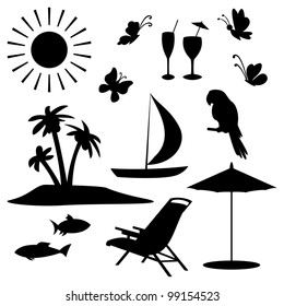 Set objects represent summer, exotic and a beach. Black contour on white background. Vector