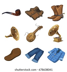 The set of objects in retro style isolated on a white background. Smoking tobacco pipe, leather vest, cowboy boots with spurs, banjo, gramophone, jeans, shirt. Vector cartoon close-up illustration.