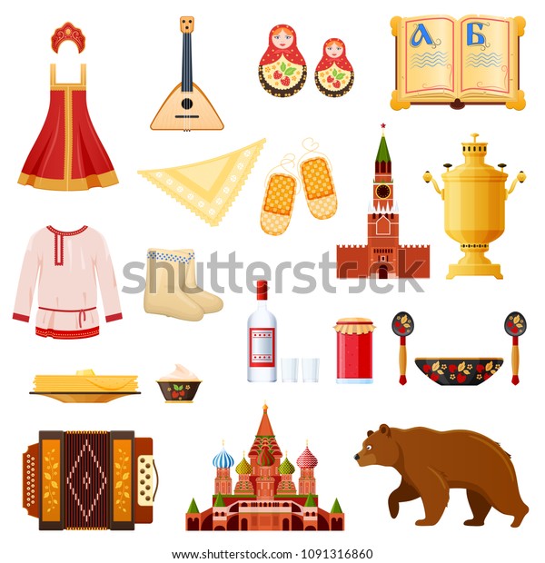 Set of objects russian culture, landmarks\
and symbols. Traditional russian dress and headdress, musical\
instruments, attractions and buildings, food and drinks. Travel to\
Russia. Vector\
illustration.