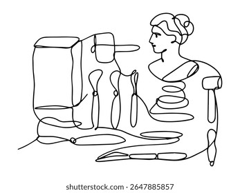 Um conjunto de objetos para escultura, desenhados à mão em uma linha, um conceito para um estúdio criativo.