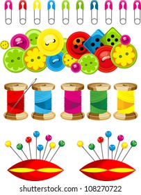 a set of objects for sewing buttons sewing needles pins of different colors