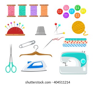 Set of objects for sewing, handicraft. Sewing tools and sewing kit,sewing equipment, needle, sewing machine, sewing pin, yarn.