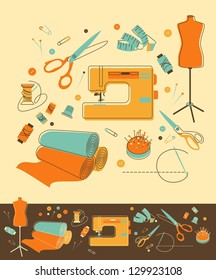 Set of objects for sewing in retro-style