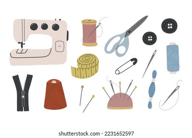 Set of objects for sewing,needlework,embroidery.Sewing machine,buttons, iron,spools of thread, scissors, needles in needle bar, meter, thimble, pin,zipper