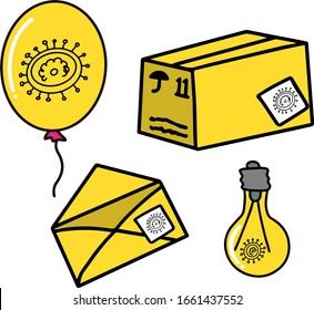 Set objects with sign coronavirus. Box, envelope, balloon, bulb. Vector color illustration isolated on white background