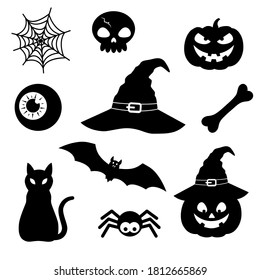 Set of objects silhouette for halloween: witch hat, spider, web, pumpkin, cat, bat, skull, eye. Black and white shapes isolated on white background. Stock vector illustration.