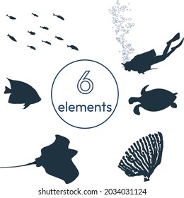 Set of objects: silhouettes of elements of scuba diving. Inhabitants of the deep sea.