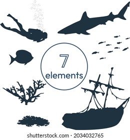 Set of objects: silhouettes of elements of scuba diving. Inhabitants of the deep sea.