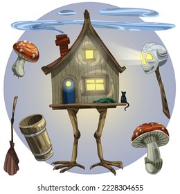 A set of objects of Slavic mythology, Baba Yaga's hut on chicken legs, a skull with glowing eye sockets, fly agaric mushrooms