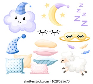 Set of objects for sleep cap for dream pillow different colors lamb cloud moon bandage for eyes on white background vector illustration web site page and mobile app design.