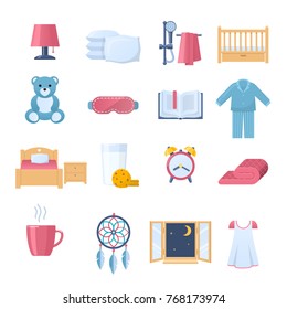 Set of objects for sleep. Time to sleep. Lighting, bedding, furniture and interior, accessories, drinks and food, clothing, book, furniture, sleeping mask, bathroom. Vector flat illustration.